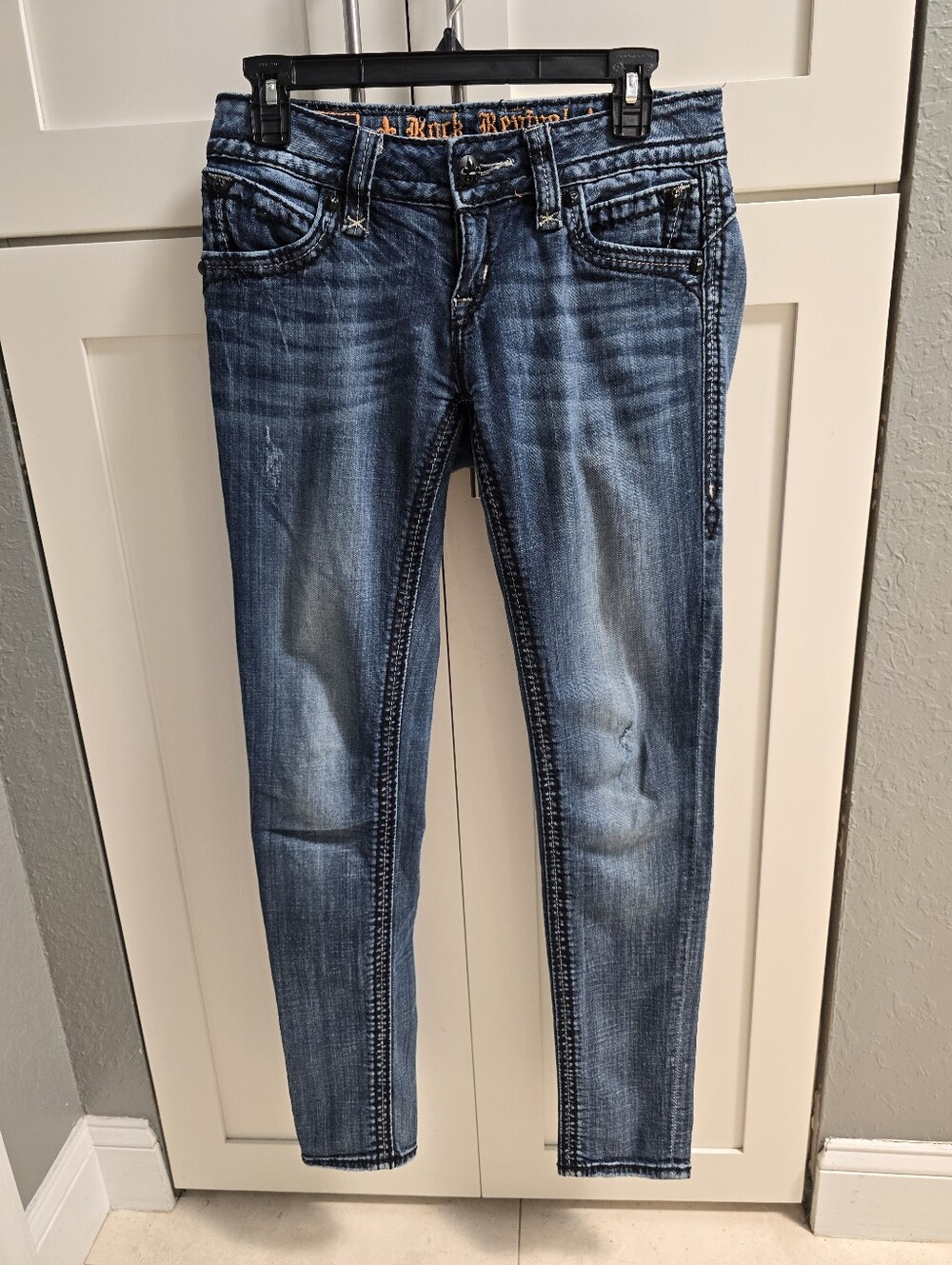 Rock Revival Amy Skinny Jeans Women's Size 27 Dark Wash Distressed Denim